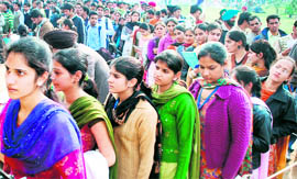 Students at a job mela held at Chandigarh Group of Colleges, Gharuan, on Monday.