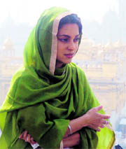 Bollywood actor Juhi Chawla shoots for an ad film at the Golden Temple in Amritsar on Monday.