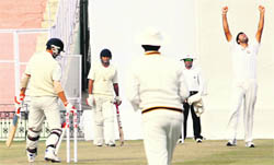 Punjab�s Manpreet Gony celebrates a wicket in Mohali on Tuesday.