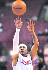 Philadelphia 76ers� Allen Iverson warms up before playing against the Denver Nuggets in their game in Philadelphia