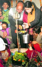 Devotees offer prayers at Pracheen Shiv Mandir in Bathinda on the occasion of Mahashivratri on Friday