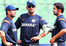 Sachin Tendulkar, MS Dhoni and Gautam Gambhir during a training session in Kolkata on Saturday