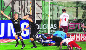 German players celebrate a goal on Thursday.