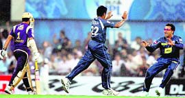 Deccan Chargers� players celebrate the wicket of Sourav Ganguly on Friday. � PTI