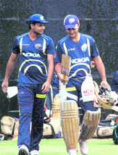Mashrafe Mortaza and Sourav Ganguly at a training session at the PCA stadium in Mohali on Thursday