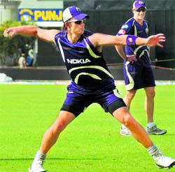 Shane Bond during a pratice session at PCA Stadium in Mohali on Friday. Tribune photo: Vicky Gharu
