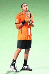 Jo-Wilfried Tsonga reacts during his match against Rafael Nadal during day nine of the 2010 Sony Ericsson Open at Crandon Park Tennis Center on Wednesday.