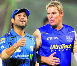 Sachin Tendulkar and Shane Warne in Jaipur on Sunday. � PTI