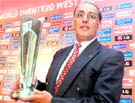 ICC CEO Haroon Lorgat with the T20 World Cup trophy in New Delhi on Monday.
