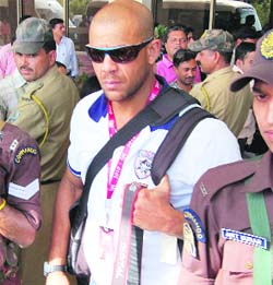 Deccan Chargers� Andrew Symonds arrives at the Kangra airport on Tuesday.