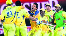 Super Kings celebrate after the win on Sunday. Tribune photo: Pradeep Tewari