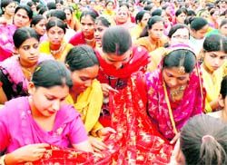 Girls undertake phulkari work at Thuha village near Rajpura on Tuesday. Tribune photo: JS Virdi