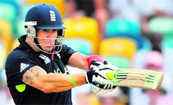 England�s Kevin Pietersen plays a shot at the Kensington Oval on Saturday