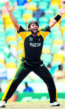Shahid Afridi reacts against New Zealand at the Kensington Oval on Saturday. 