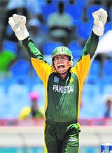Kamran Akmal celebrates dismissal of Mark Boucher on Monday.