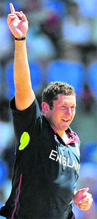 England�s Tim Bresnan celebrates a wicket on Monday.