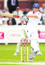 Andrew Strauss bats on Thursday. 