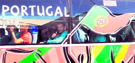 The Portuguese team in their team bus in South Africa on Sunday