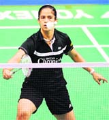 India�s Saina Nehwal in action against Eriko Hirose of Japan during their semifinal singles match in the Indonesia Open in Jakarta on Saturday. 