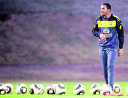 Brazil�s striker Robinho looks on during a team training session in Johannesburg on Saturday