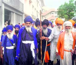A group of Nihangs outside the district courts in Bathinda on Tuesday
