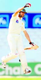 Pakistan�s Umar Gul celebrates after hitting the winning run against Australia in Leeds on Saturday