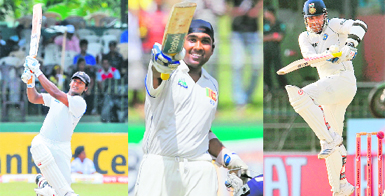 (From left) Kumar Sangakkara, Mahela Jayawardene and Virender Sehwag in action during the second day of the second Test between Sri Lanka and India at The Sinhalese Sports Club Ground in Colombo 