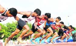 Athletes in action during the 50th National Inter State Sr Athletics Championship in Patiala on Thursday.