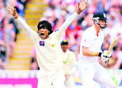 Pakistan's Mohammad Aamer appeals for an LBW decision against England's Kevin Pietersen during the second Test against England in Birmingham on Saturday.