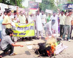 Members of the Unemployed ETT Teachers� Union burn an effigy of the state government in support of their demands in Bathinda on Sunday