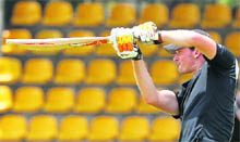 New Zealand�s Kyle Mills bats during a training session on Thursday. 