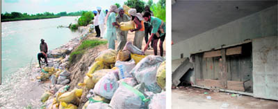 Repair of check dam on the Satluj underway as the floodgates are expected to open on Saturday; (R) a damaged boat lies abandoned in the Anandpur Sahib Tehsil complex