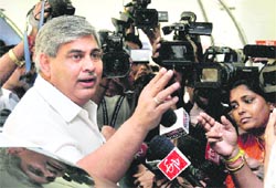 BCCI president Shashank Manohar interacts with the media after a working committee meeting in Mumbai on Saturday.
