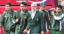 Pakistan captain Salman Butt (2nd from Left) arrives for the fourth day of the fourth Test against England at Lord's Cricket Ground in London on Sunday.