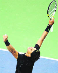 Rafael Nadal celebrates after winning against Fernando Verdasco, during their quarterfinal at the 2010 US Open in New York