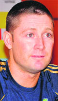 Michael Clarke speaks at a media conference in Chandigarh on Thursday.