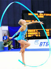 Silja Ahonen of Finland performs with the ribbon during the Rhythmic Gymnastics World Championships in Moscow on Thursday.