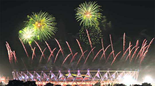 Fireworks light up the sky   at the CWG opening ceremony