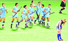 Indian players celebrate after scoring a goal against Scotland at the Major Dhyan Chand National Stadium in New Delhi on Monday. India and Scotland drew 1-1.