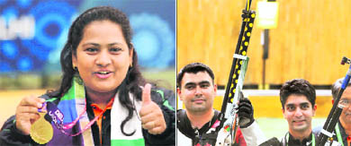 Anisa Sayyed shows her gold medal after winning the women�s 25m pistol (singles) event; Gold medallist shooter Gagan Narang (L) with silver medallist Abhinav Bindra.