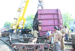 Salvage work in progress at Bathinda railway station on Monday. 