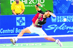 P. Kashyap returns a shot against Malesia during men�s single quarter final. Kashyap emerged winner. 
