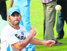 India's captain Mahendra Singh Dhoni during a practice session before the final ODI against Australia at Margao on Sunday.