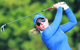 Morgan Pressel of the U.S. tees off during the LPGA Hana Bank Championship in Seoul on Saturday.