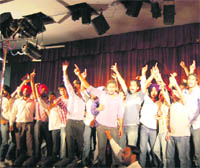 Protesting students of Khalsa College take over the stage during the youth festival on the Guru Nanak Dev University campus on Monday. 