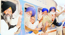 Devotees leave by train from Amritsar on Friday for the birth anniversary celebrations of Guru Nanak Dev at Nankana Sahib in Pakistan. 