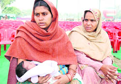 Kamalpreet Kaur, whose soldier husband lost his life in an ambush by militants in the Uri sector of Kashmir last month, with her baby at the veterans� rally of the Army in Bathinda on Tuesday.