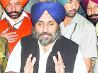 Punjab Deputy Chief Minister Sukhbir Singh Badal addresses mediapersons at Fatehgarh Sahib