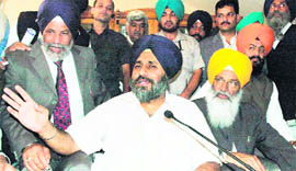 Punjab Deputy Chief Minister Sukhbir Singh Badal talks to mediapersons at Rakhra village on Saturday.