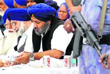 Deputy Chief Minister Sukhbir Singh Badal at a party meeting at Gurdwara Dukhnivaran Sahib in Patiala on Monday.